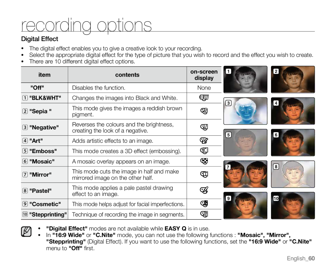 Samsung VP-MX20R, VP-MX20CH, VP-MX20H, VP-MX20L user manual Digital Effect 