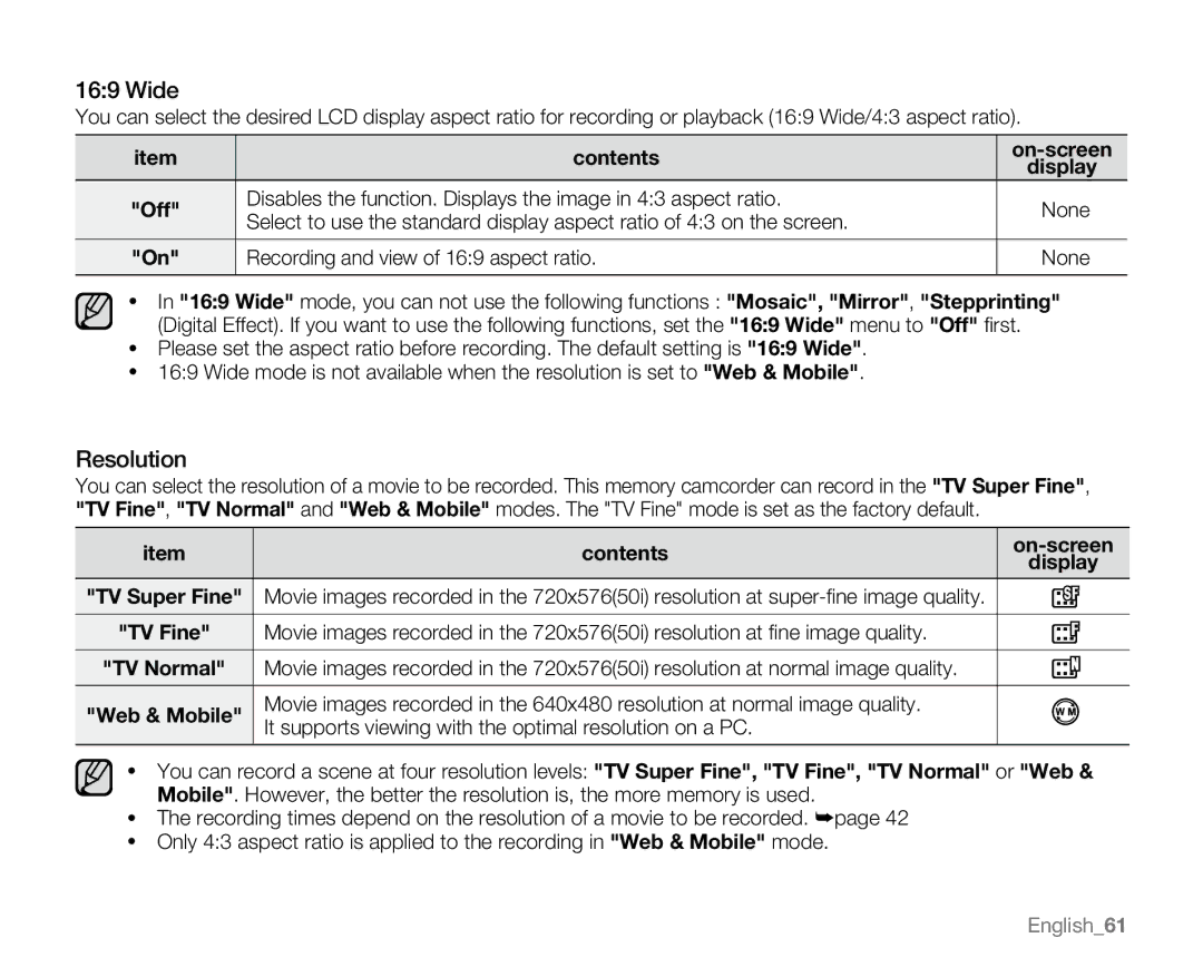 Samsung VP-MX20CH, VP-MX20R, VP-MX20H, VP-MX20L user manual Wide, Resolution 