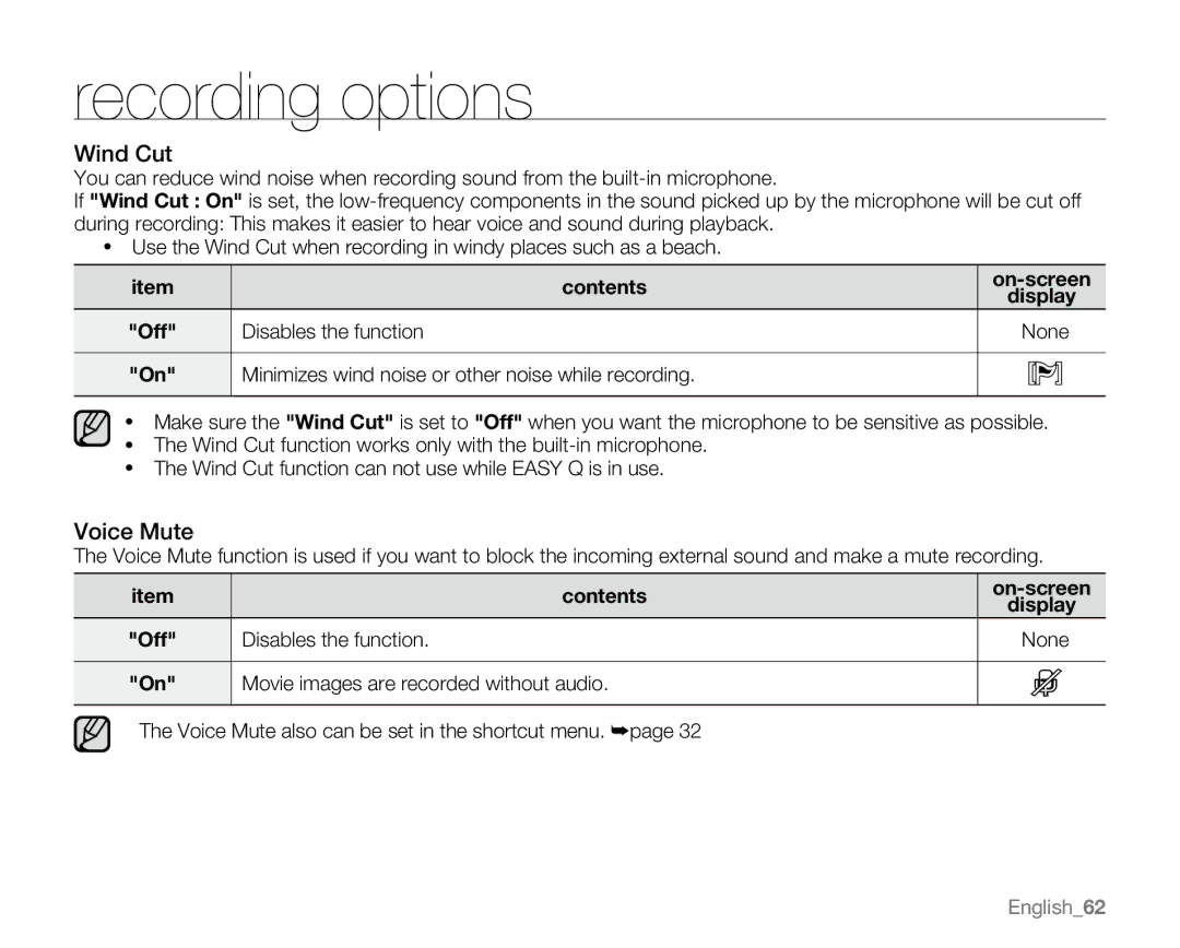 Samsung VP-MX20H Wind Cut, Voice Mute, Disables the function, On-screen Display, Movie images are recorded without audio 