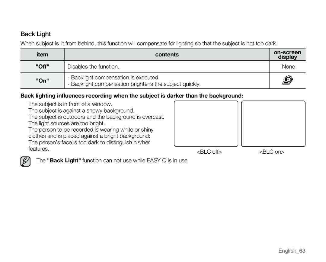 Samsung VP-MX20L, VP-MX20R, VP-MX20CH, VP-MX20H user manual Back Light, Backlight compensation is executed 