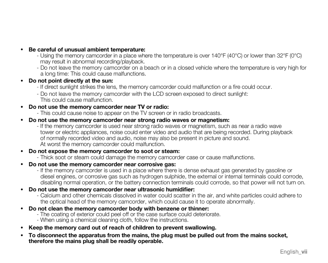 Samsung VP-MX20CH, VP-MX20R, VP-MX20H, VP-MX20L Be careful of unusual ambient temperature, Do not point directly at the sun 