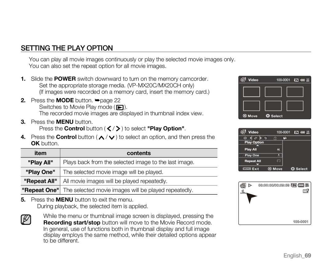 Samsung VP-MX20L, VP-MX20R, VP-MX20CH Setting the Play Option, Plays back from the selected image to the last image 