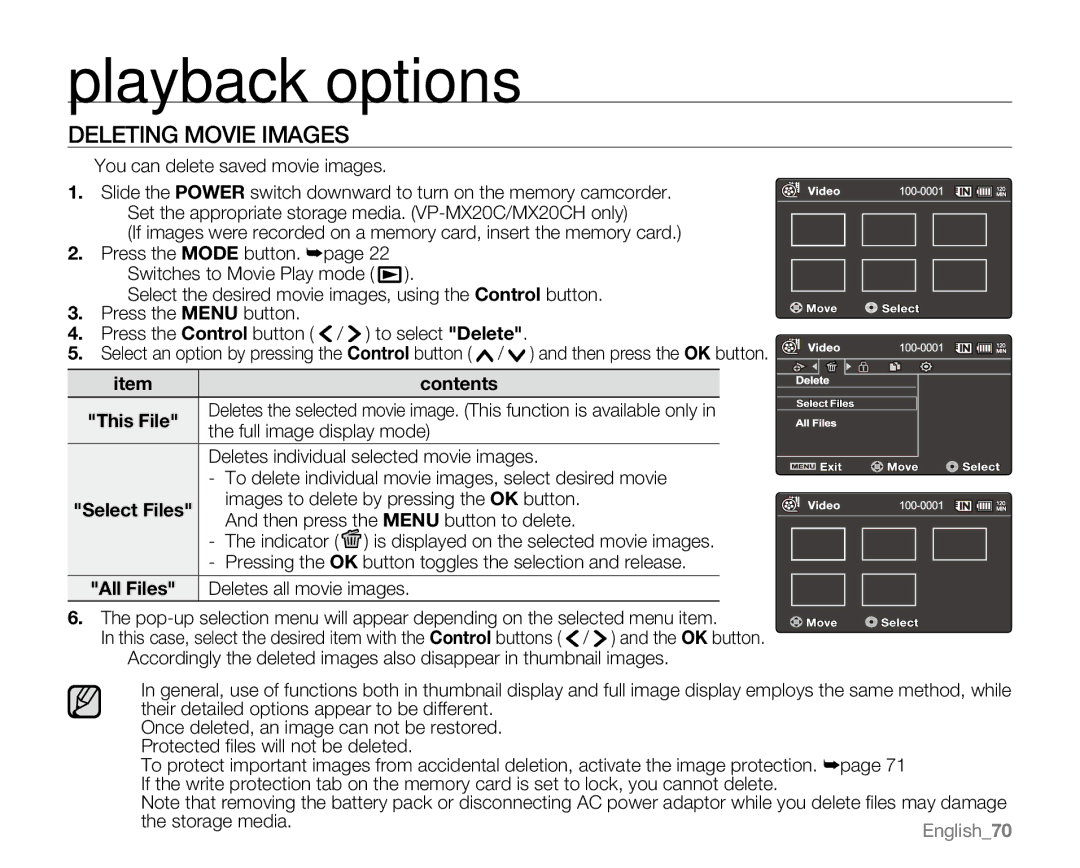 Samsung VP-MX20R, VP-MX20CH, VP-MX20H, VP-MX20L user manual Deleting Movie Images, All Files 