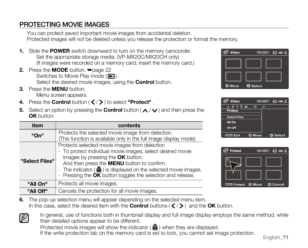 Samsung VP-MX20R, VP-MX20CH, VP-MX20H, VP-MX20L user manual Protecting Movie Images 