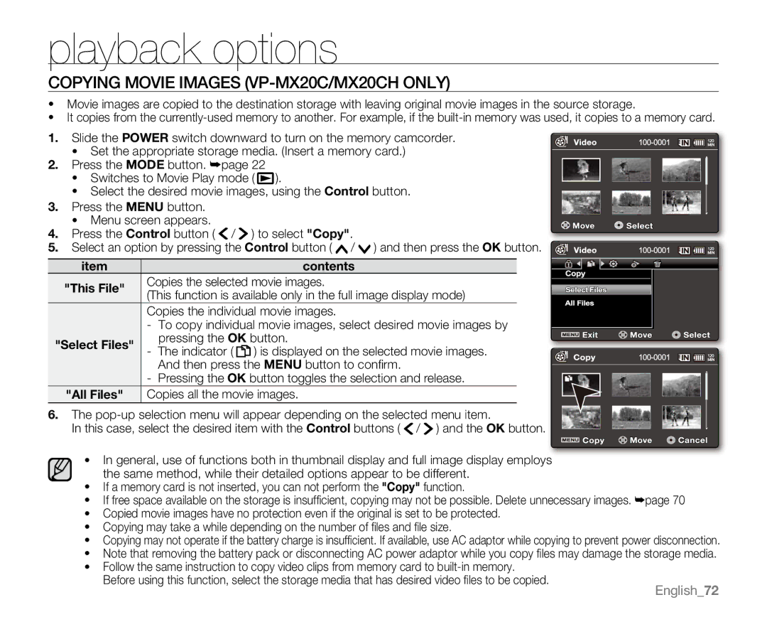 Samsung VP-MX20R, VP-MX20CH, VP-MX20H, VP-MX20L user manual Copying Movie Images VP-MX20C/MX20CH only 