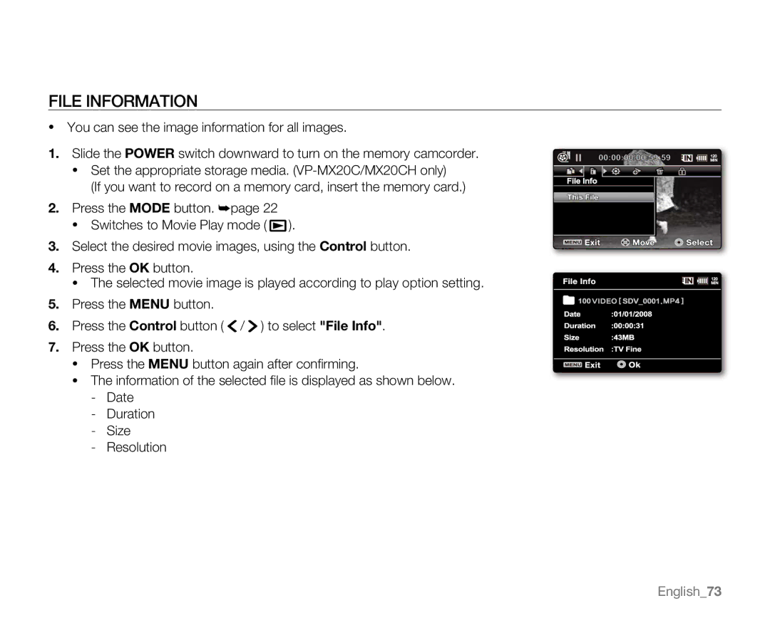 Samsung VP-MX20CH, VP-MX20R, VP-MX20H, VP-MX20L user manual File Information 