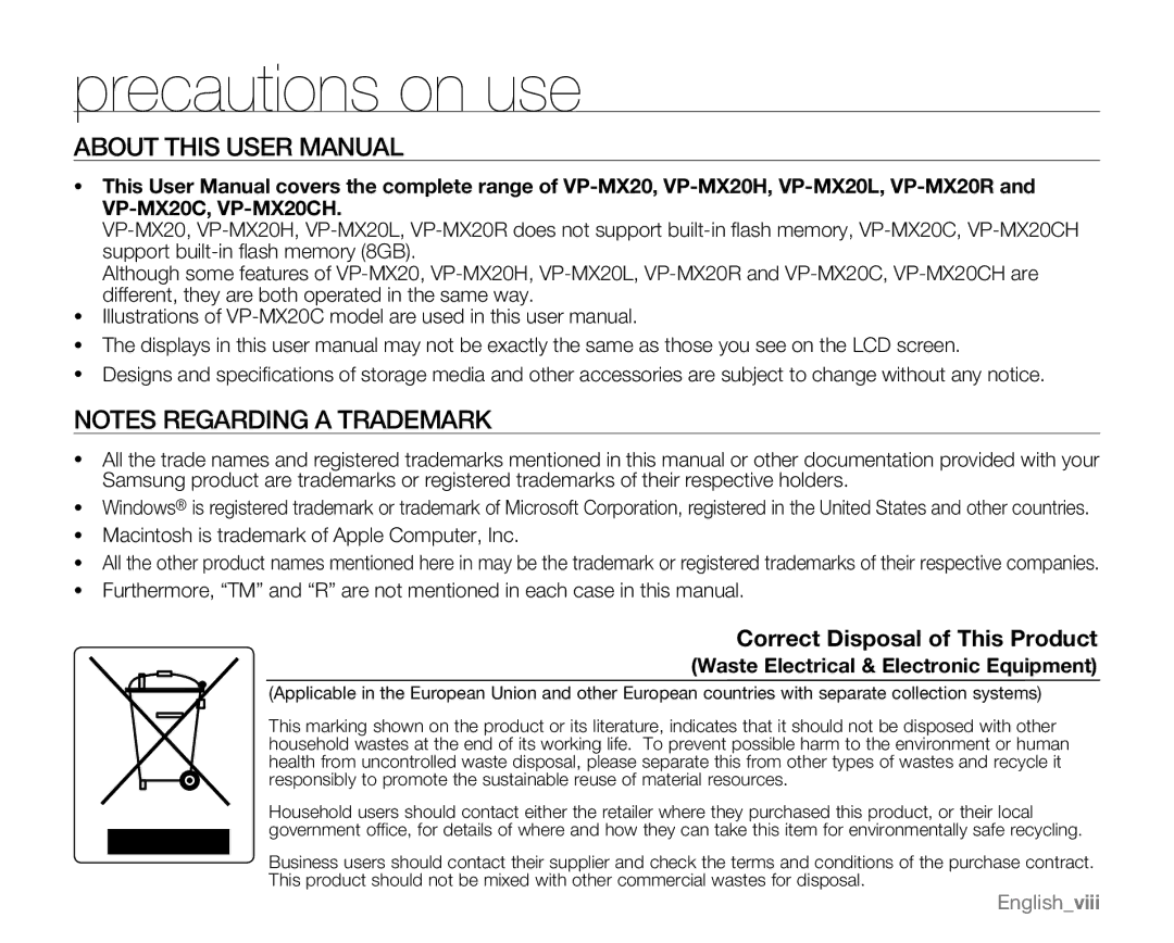 Samsung VP-MX20H, VP-MX20R, VP-MX20L Macintosh is trademark of Apple Computer, Inc, Waste Electrical & Electronic Equipment 