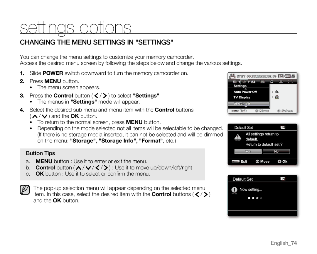 Samsung VP-MX20H, VP-MX20R, VP-MX20CH, VP-MX20L user manual Settings options, Changing the Menu Settings in Settings 