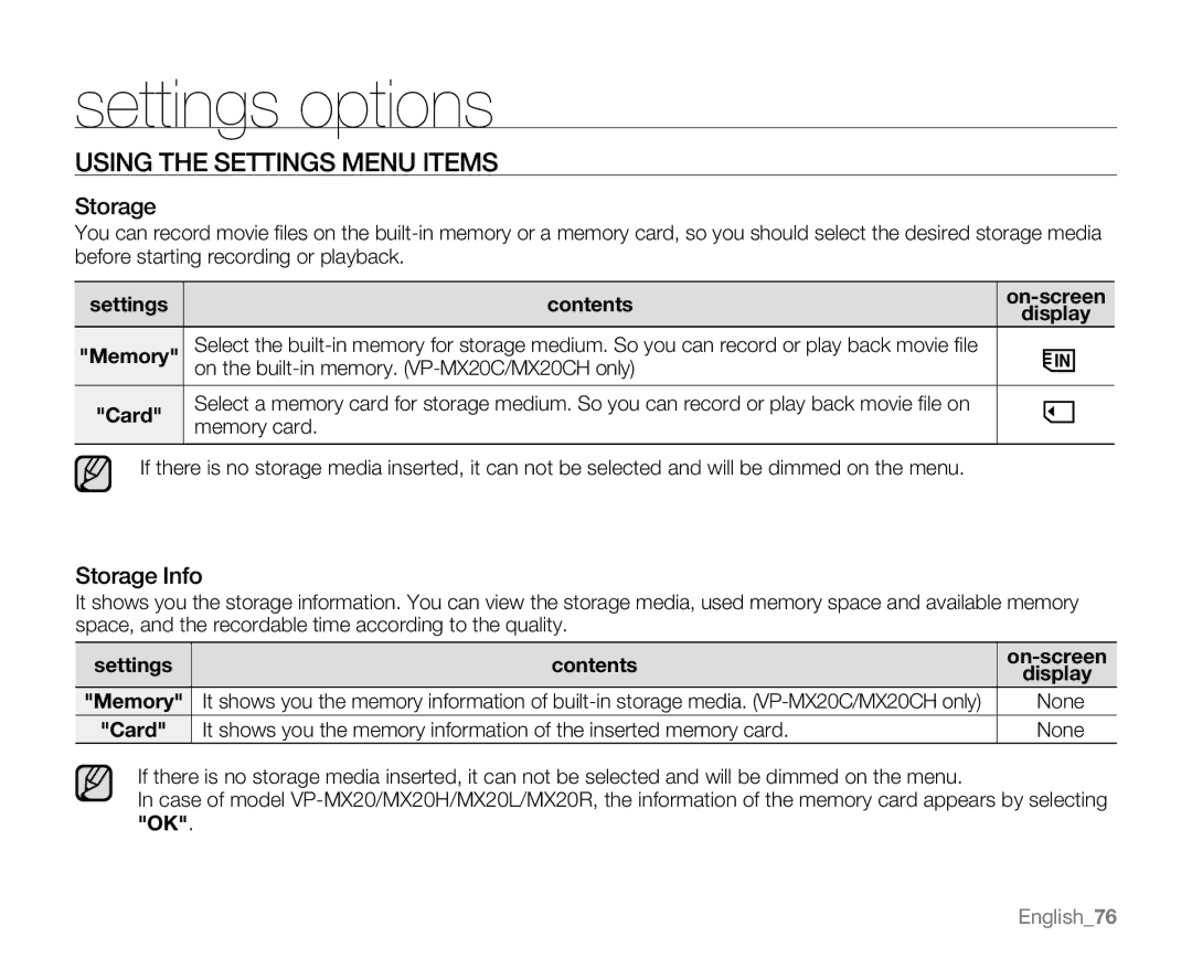 Samsung VP-MX20R, VP-MX20CH, VP-MX20H Using the Settings Menu Items, Storage Info, Settings Contents On-screen 