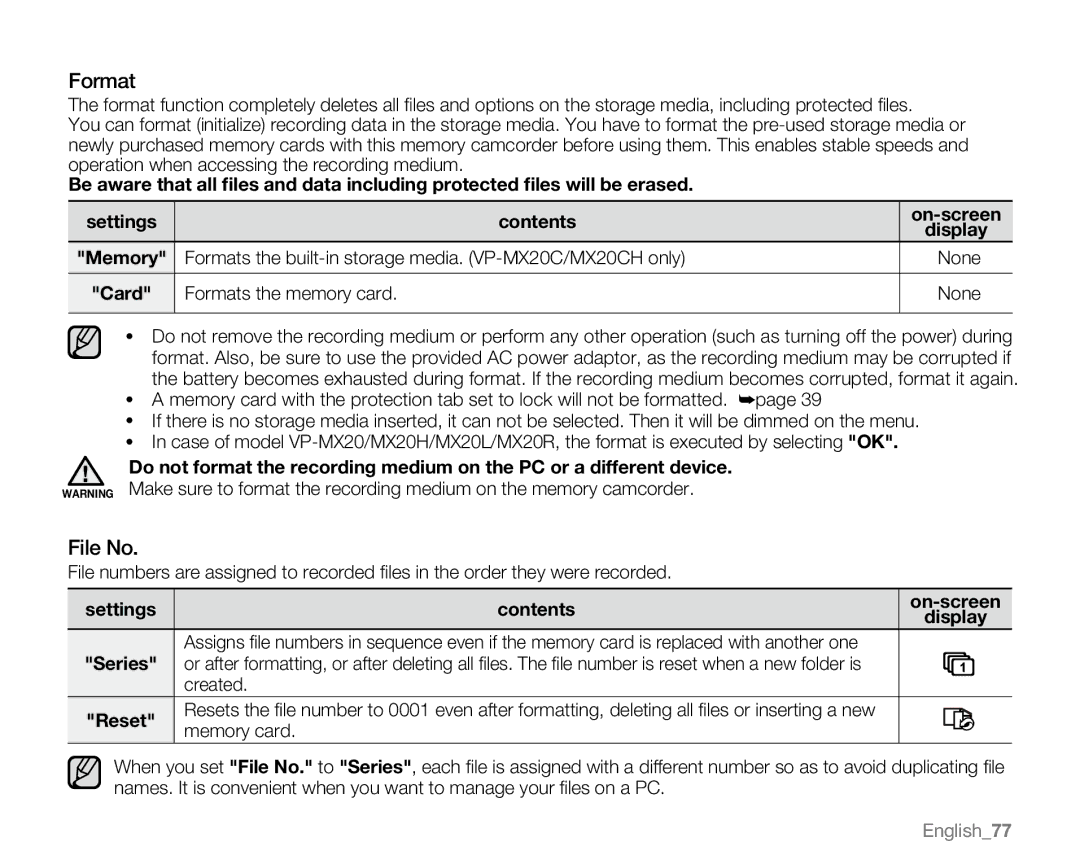 Samsung VP-MX20R, VP-MX20CH, VP-MX20H, VP-MX20L user manual Format, File No, Series, Created Reset, Memory card 