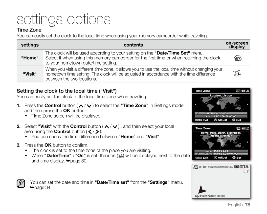 Samsung VP-MX20R, VP-MX20CH, VP-MX20H, VP-MX20L user manual Time Zone, Setting the clock to the local time Visit 