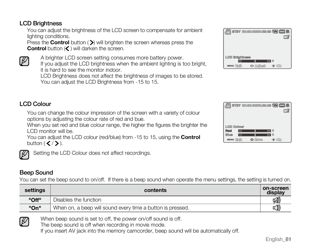 Samsung VP-MX20L, VP-MX20R, VP-MX20CH, VP-MX20H user manual LCD Brightness, LCD Colour, Beep Sound 