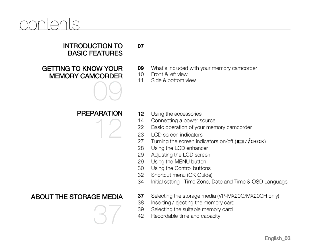 Samsung VP-MX20L, VP-MX20R, VP-MX20CH, VP-MX20H user manual Contents 