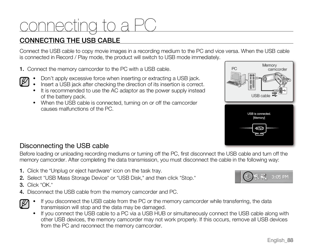 Samsung VP-MX20R, VP-MX20CH, VP-MX20H, VP-MX20L user manual Connecting the USB Cable, Disconnecting the USB cable 