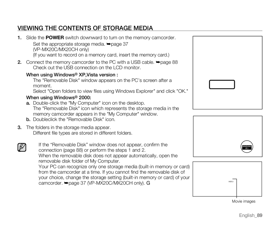 Samsung VP-MX20R, VP-MX20CH, VP-MX20H, VP-MX20L user manual Viewing the Contents of Storage Media 