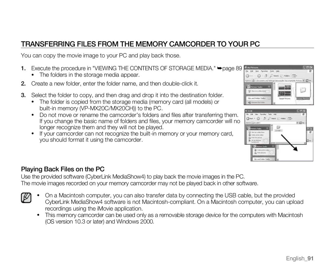 Samsung VP-MX20CH, VP-MX20R, VP-MX20H Transferring Files from the Memory Camcorder to Your PC, Playing Back Files on the PC 