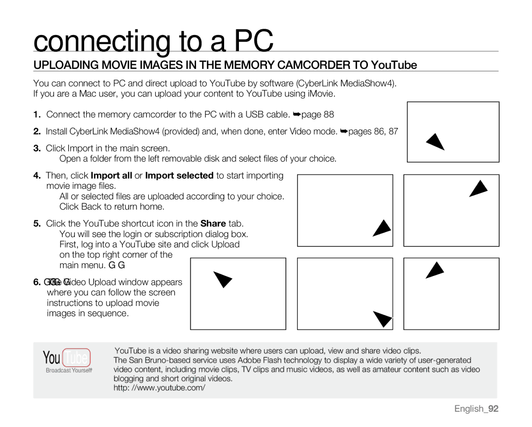 Samsung VP-MX20H, VP-MX20R, VP-MX20CH, VP-MX20L You Tube, Uploading Movie Images in the Memory Camcorder to YouTube 