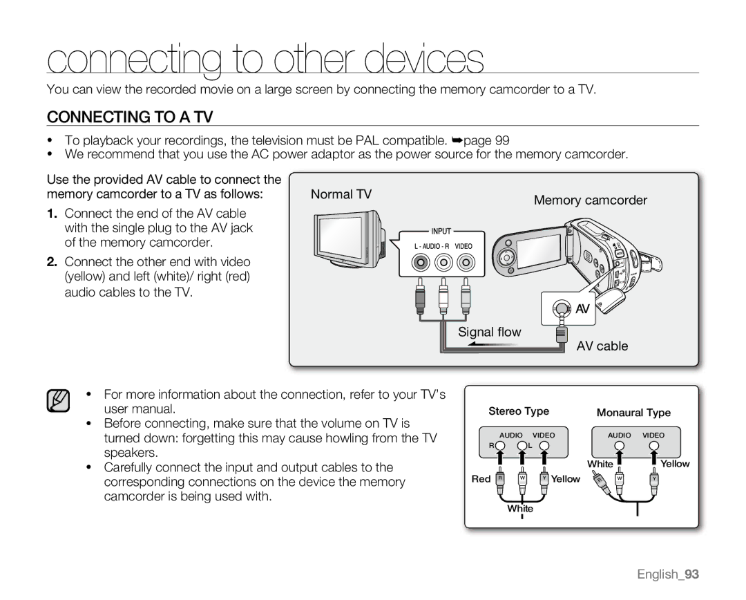 Samsung VP-MX20L, VP-MX20R, VP-MX20CH, VP-MX20H user manual Connecting to other devices, Connecting to a TV 