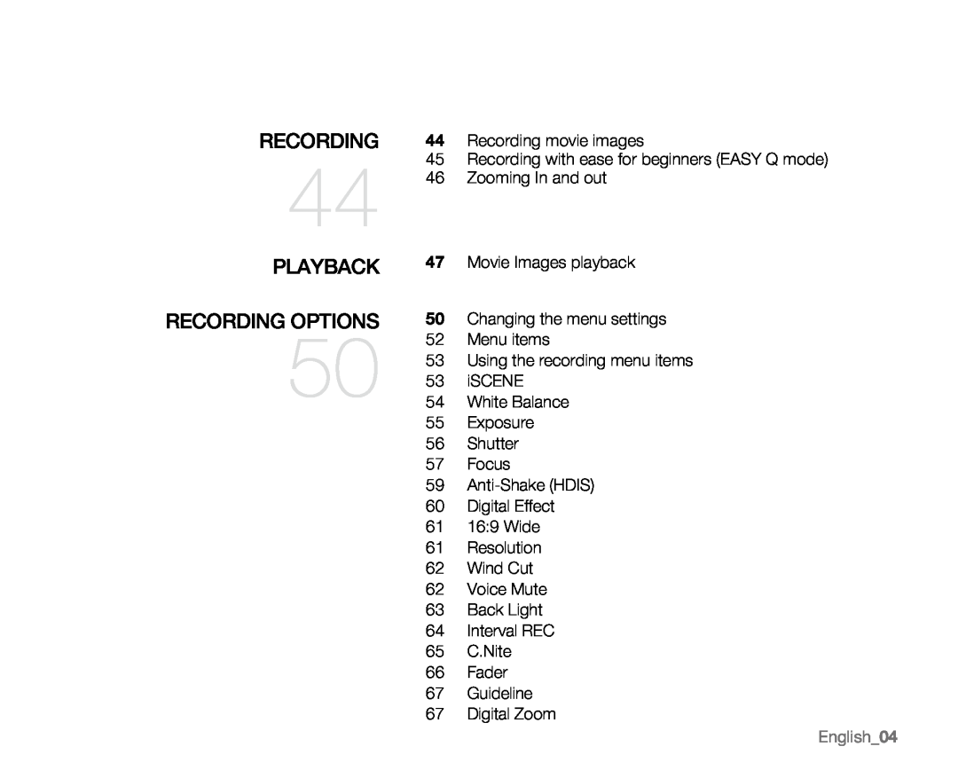 Samsung VP-MX20R, VP-MX20CH, VP-MX20H, VP-MX20L user manual Playback, Recording Options, English04 