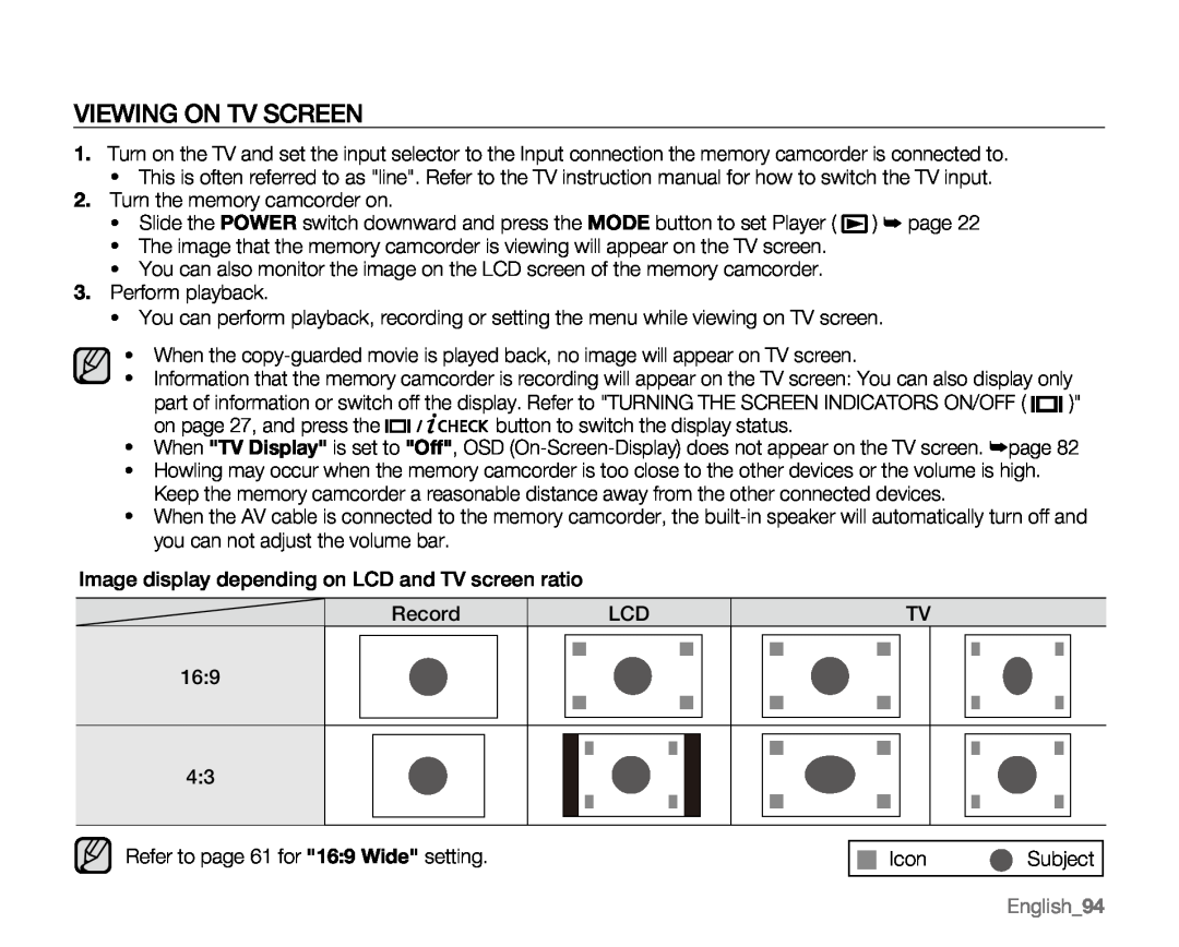 Samsung VP-MX20R, VP-MX20CH, VP-MX20H, VP-MX20L user manual Viewing On Tv Screen, English94 