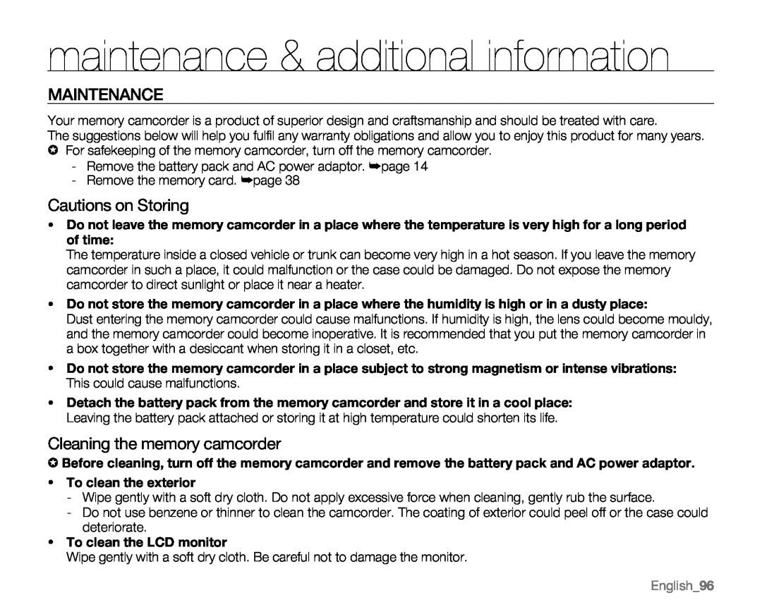 Samsung VP-MX20R maintenance & additional information, Maintenance, Cautions on Storing, Cleaning the memory camcorder 