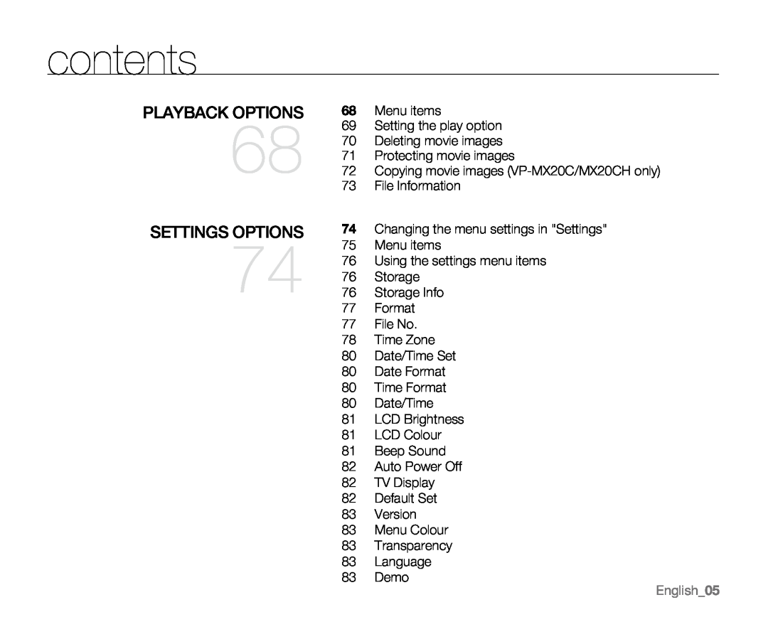 Samsung VP-MX20R, VP-MX20CH, VP-MX20H, VP-MX20L user manual Settings Options, Playback Options, English05, contents 