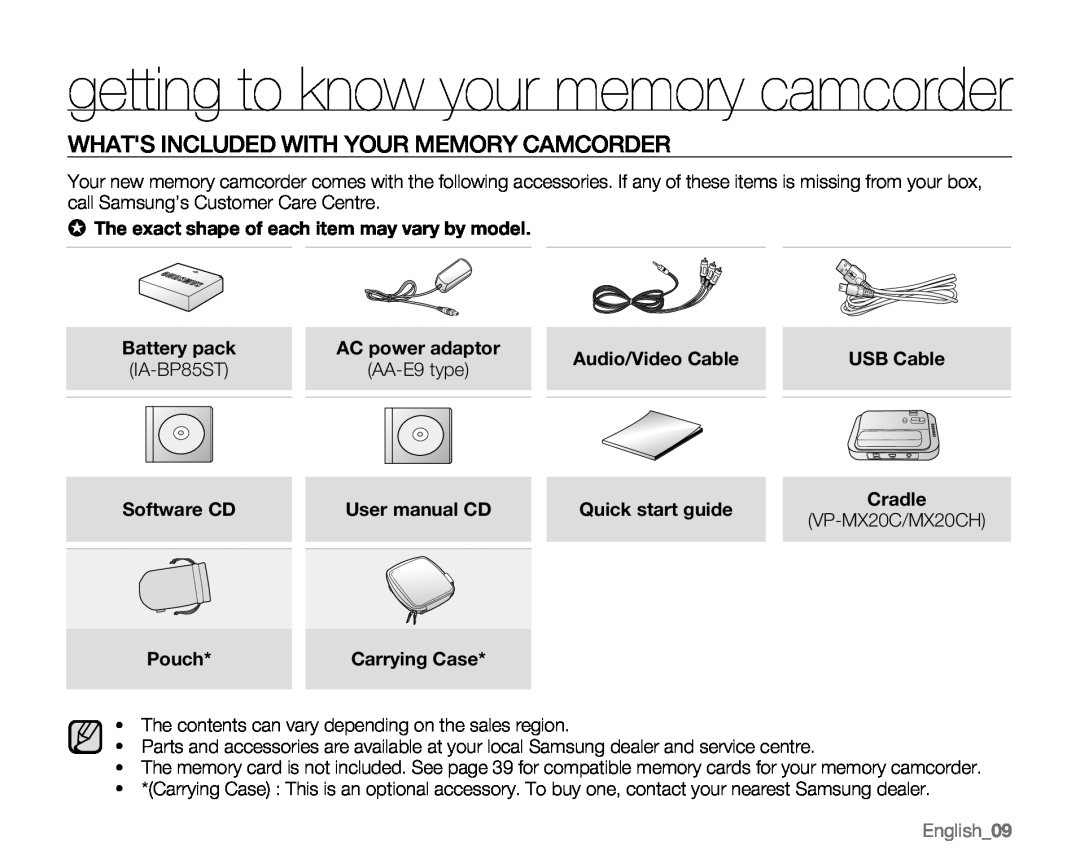 Samsung VP-MX20L getting to know your memory camcorder, Whats Included With Your Memory Camcorder, Audio/Video Cable 
