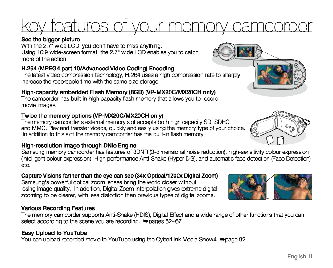 Samsung VP-MX20H, VP-MX20R, VP-MX20CH, VP-MX20L user manual key features of your memory camcorder, Englishii 