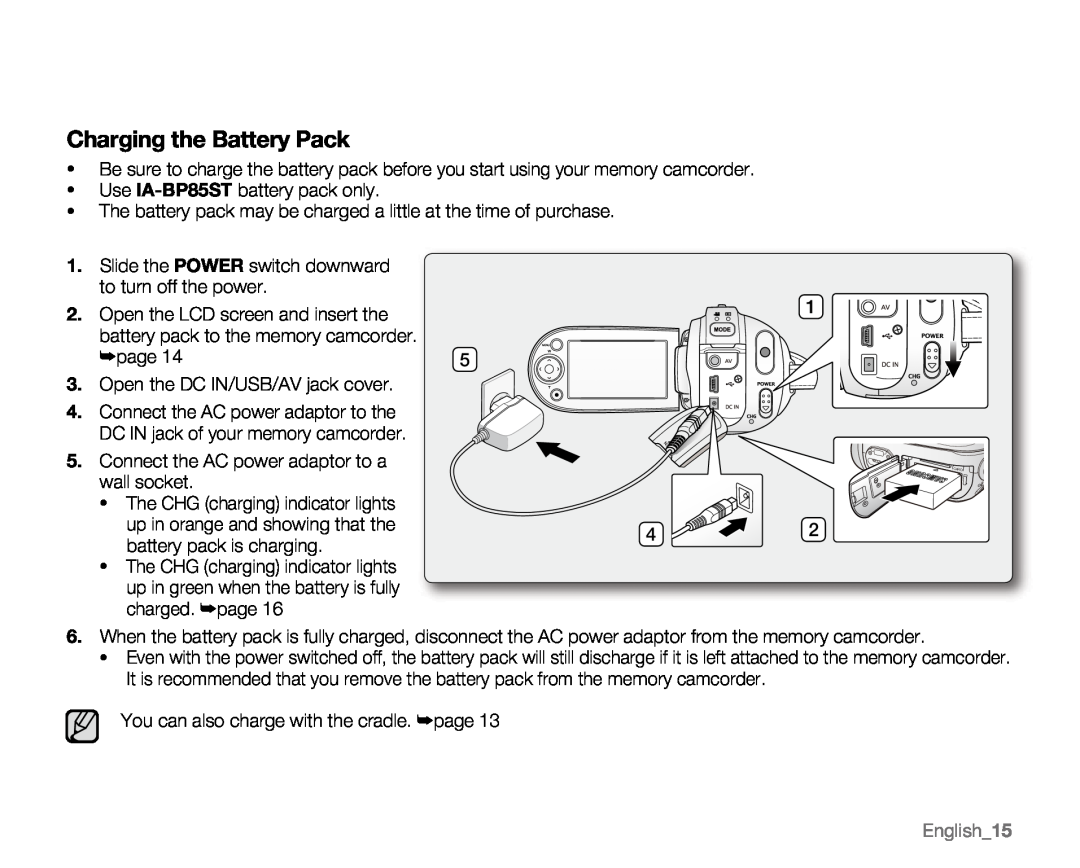 Samsung VP-MX20L, VP-MX20R, VP-MX20CH, VP-MX20H user manual Charging the Battery Pack, English15 