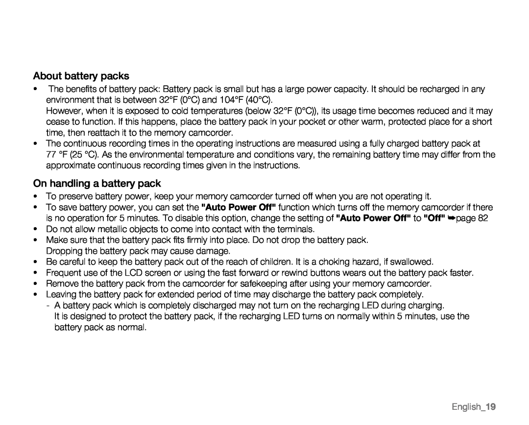 Samsung VP-MX20CH, VP-MX20R, VP-MX20H, VP-MX20L user manual About battery packs, On handling a battery pack, English19 