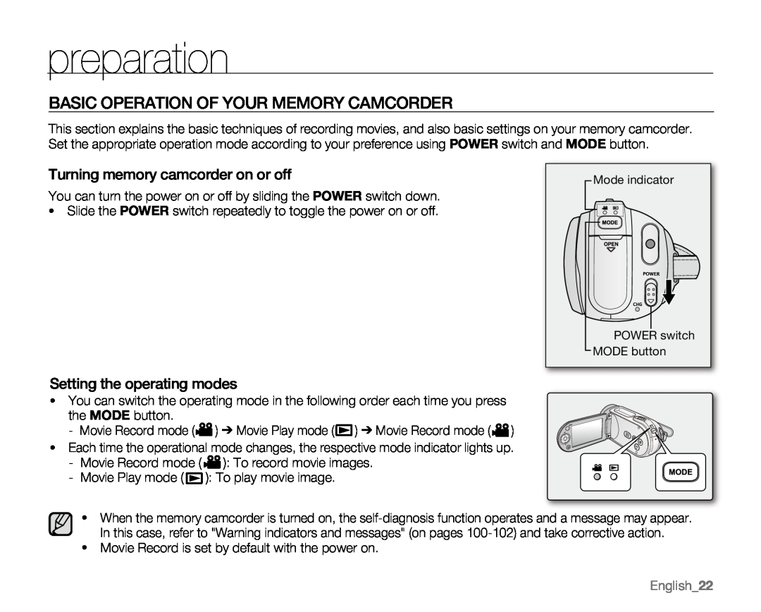 Samsung VP-MX20 Basic Operation Of Your Memory Camcorder, Turning memory camcorder on or off, Setting the operating modes 