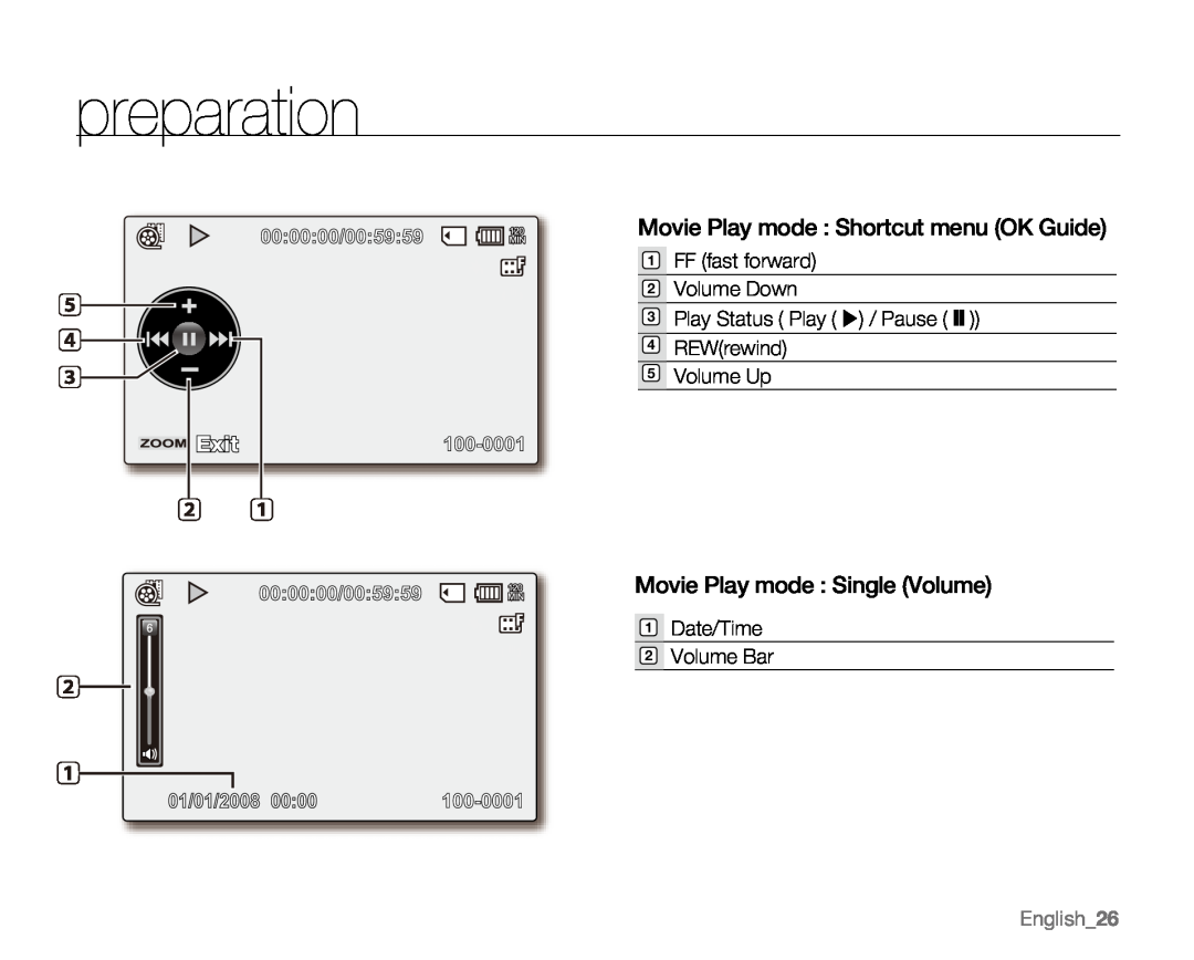 Samsung VP-MX20H Movie Play mode Shortcut menu OK Guide, Movie Play mode Single Volume, English26, preparation, Stby 