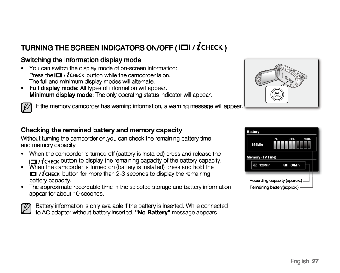 Samsung VP-MX20L, VP-MX20R Turning The Screen Indicators On/Off, Switching the information display mode, English27 