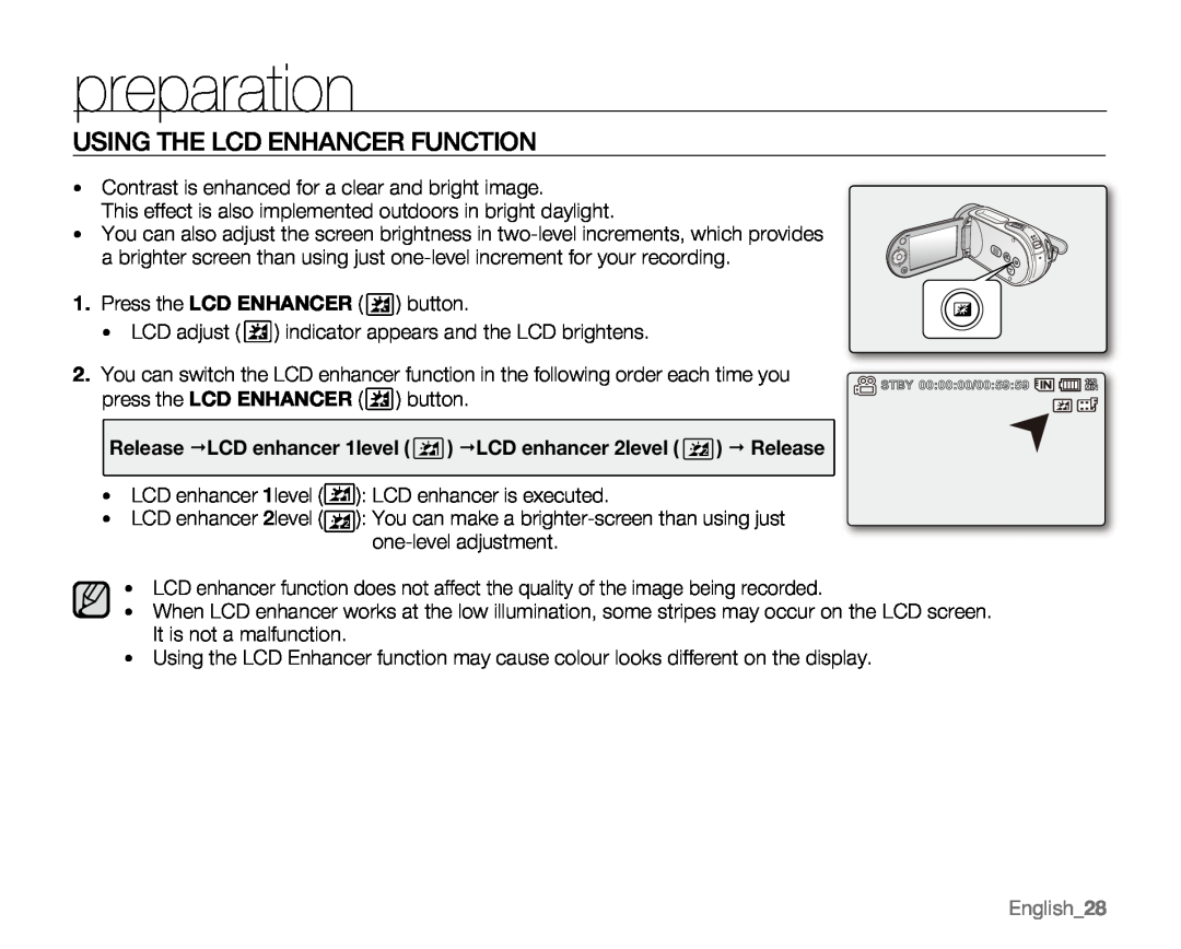 Samsung VP-MX20R, VP-MX20CH, VP-MX20H, VP-MX20L user manual Using The Lcd Enhancer Function, English28, preparation 