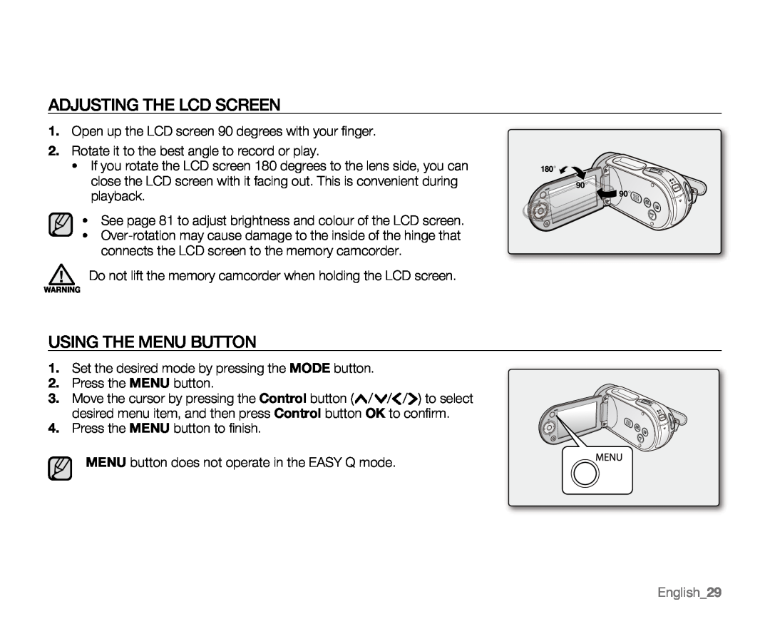 Samsung VP-MX20R, VP-MX20CH, VP-MX20H, VP-MX20L user manual Adjusting The Lcd Screen, Using The Menu Button, English29 