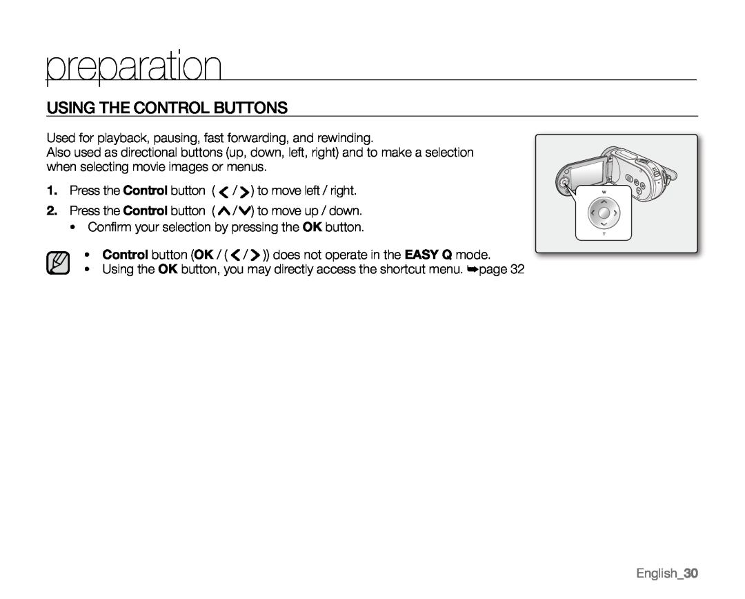 Samsung VP-MX20R, VP-MX20CH, VP-MX20H, VP-MX20L user manual Using The Control Buttons, English30, preparation 