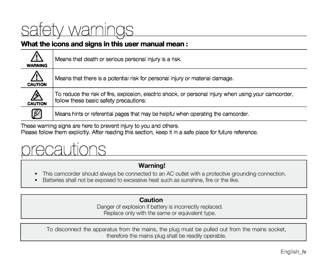 Samsung VP-MX20R, VP-MX20CH safety warnings, precautions, What the icons and signs in this user manual mean, Englishiv 