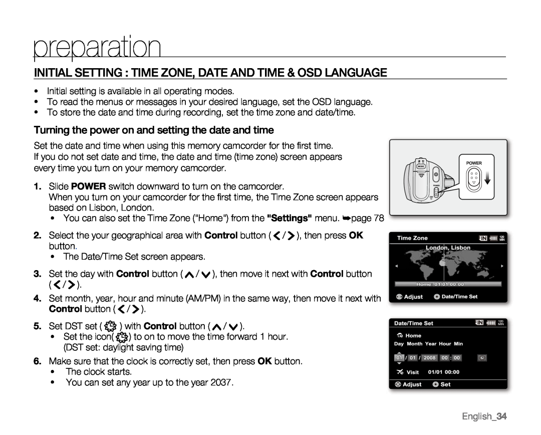 Samsung VP-MX20R, VP-MX20CH, VP-MX20H Initial Setting Time Zone, Date And Time & Osd Language, English34, preparation 