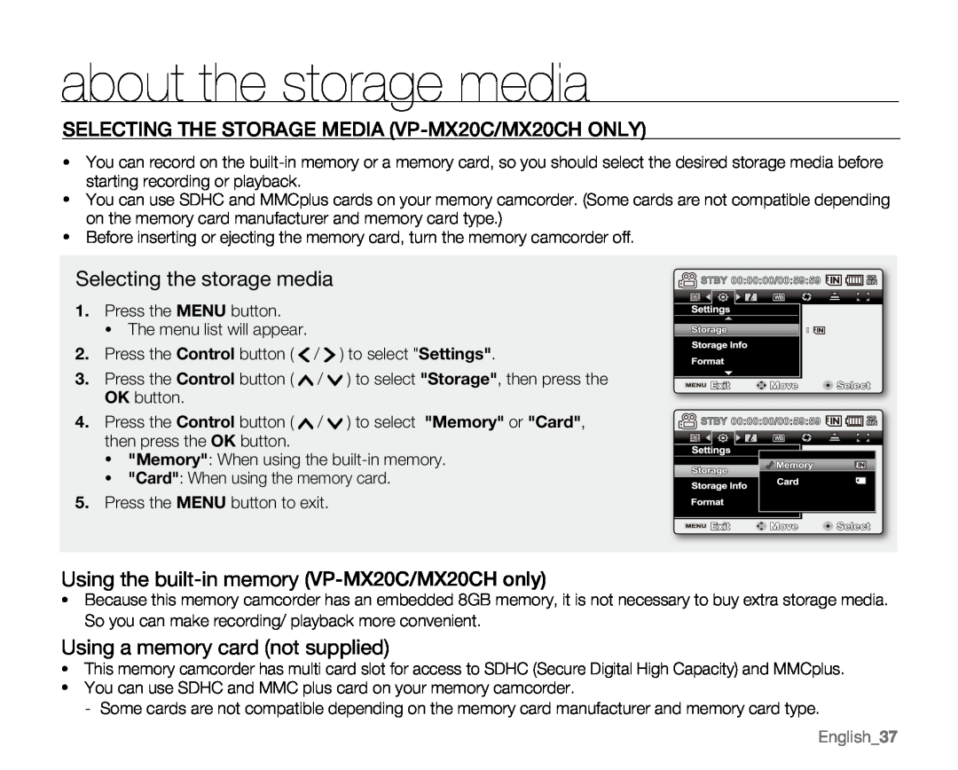 Samsung VP-MX20CH about the storage media, SELECTING THE STORAGE MEDIA VP-MX20C/MX20CH ONLY, Selecting the storage media 