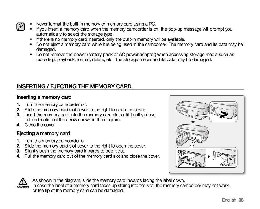 Samsung VP-MX20H Inserting / Ejecting The Memory Card, Inserting a memory card, Ejecting a memory card, English38 