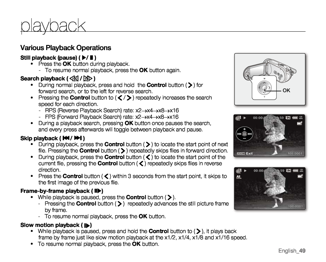 Samsung VP-MX20CH Various Playback Operations, Still playback pause X/ ZZ, Skip playback Z / Z, Slow motion playback ZX 