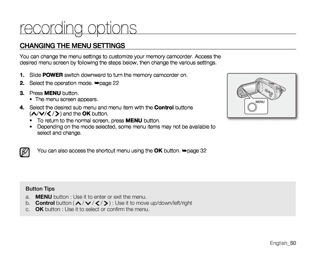 Samsung VP-MX20H, VP-MX20R, VP-MX20CH, VP-MX20L user manual recording options, Changing The Menu Settings, English50 