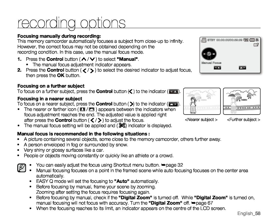 Samsung VP-MX20 Focusing manually during recording, Manual focus is recommended in the following situations, English58 