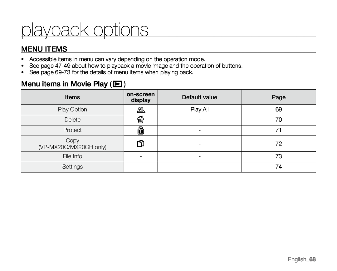 Samsung VP-MX20H playback options, Menu items in Movie Play, English68, Menu Items, on-screen, display, Protect, Copy 