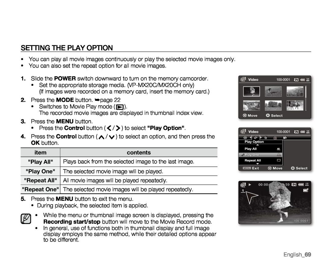 Samsung VP-MX20L Setting The Play Option, Plays back from the selected image to the last image, English69, contents 