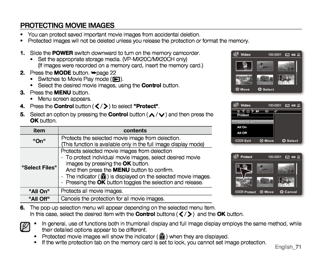 Samsung VP-MX20R, VP-MX20CH, VP-MX20H, VP-MX20L user manual Protecting Movie Images, English71, contents 