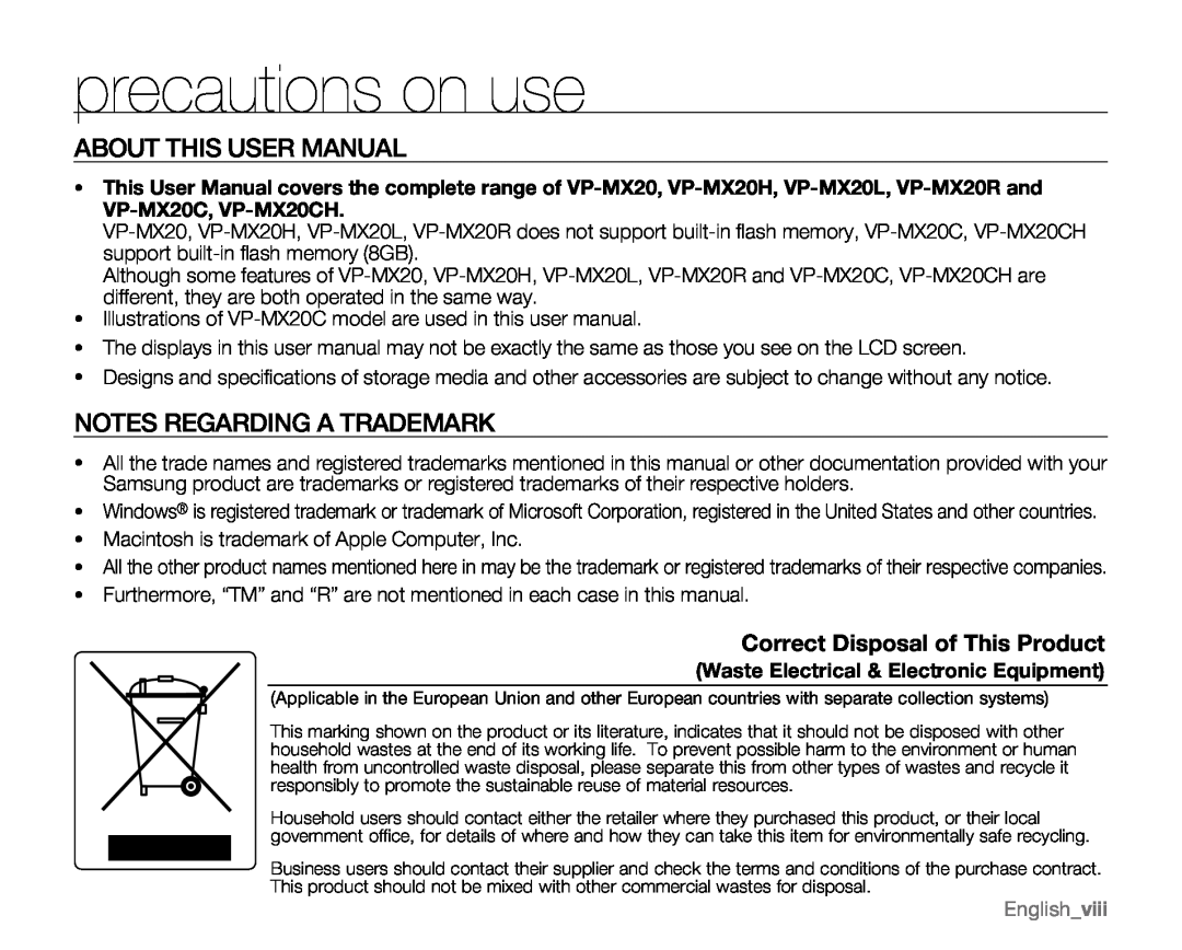 Samsung VP-MX20H About This User Manual, Notes Regarding A Trademark, Correct Disposal of This Product, Englishviii 
