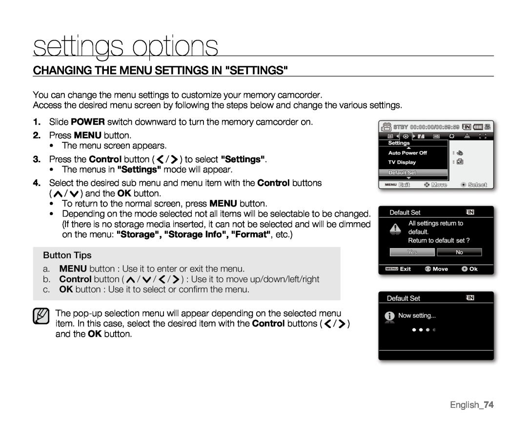 Samsung VP-MX20H, VP-MX20R, VP-MX20CH, VP-MX20L settings options, Changing The Menu Settings In Settings, English74 
