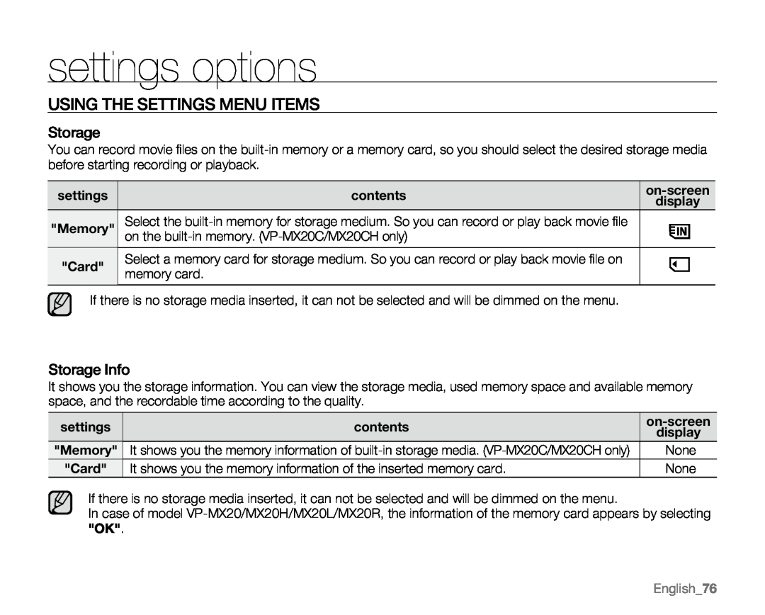 Samsung VP-MX20 Using The Settings Menu Items, Storage Info, English76, settings options, contents, on-screen 