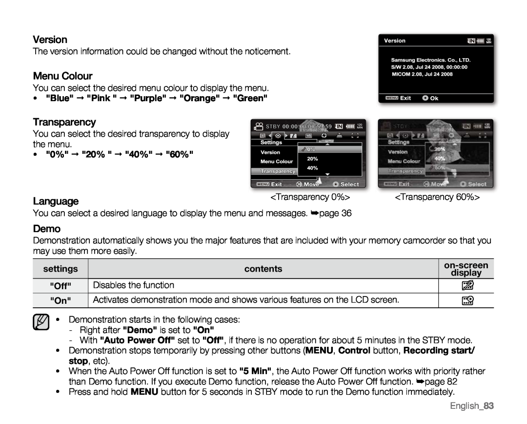 Samsung VP-MX20C Version, Menu Colour, Transparency, Language, Demo, Blue  Pink  Purple  Orange  Green, English83 